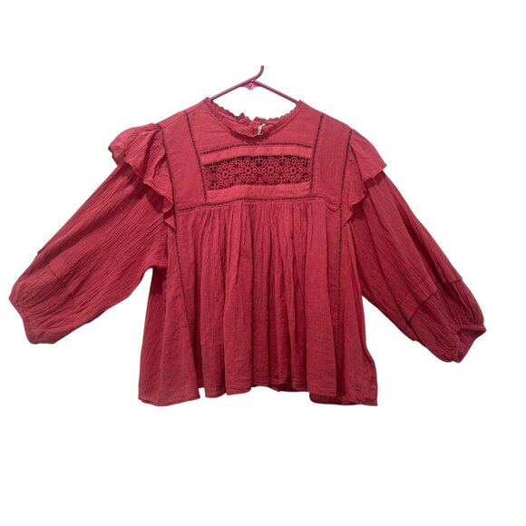 SOLD Free People Laura Prairie Peasant Top Sz Large Pink Eyelet Ruffle Ballon - Picture 2 of 14